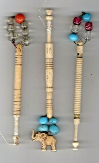 3 Antique Bone Lace Bobbins With Glass Spangles & One With Elephant