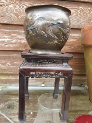 Antique Asian Bronze Bowl Decorated With Birds And Flowers On Decorative Stand