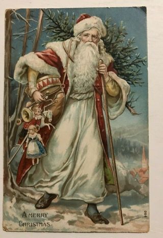 Rare Long Fancy Red Robe Santa Claus Antique Embossed Christmas Postcard - M509