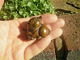Hand Carved Wood Netsuke Wild Boar Sits And Turns To Look Back Boxwood Figure