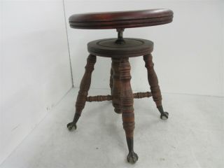 Antique Wooden Clay Foot Glass Cast Iron Piano Swivel Stool