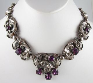 Stunning Rare Napier Ornate Silver Tone Amethyst Crystal Necklace