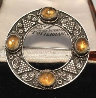 Antique Victorian Jewellery Sterling Silver And Citrine Cabochon Brooch