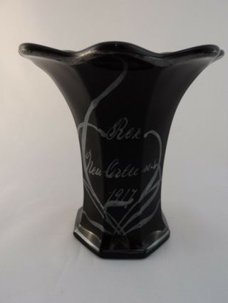 Rare Rex 1917 Mardi Gras Orleans Black Amethyst Silver Overlay Glass Vase