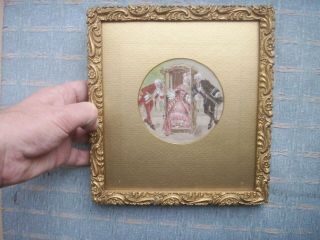 Old Antique Miniature Painting Portrait Lady In Sedan Chair C.  1890 Gold Framed