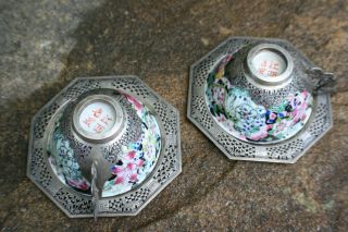 Pair 20th C.  Antique Chinese Porcelain Painted Cup Silver Outlay & Plate - Marks