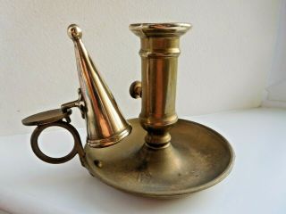 Antique Brass Chamber Stick With Thumb Holder And Candle Snuff & Pusher