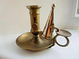 Antique brass chamber stick with thumb holder and candle snuff & pusher 3