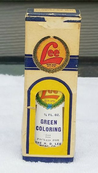 Vintage H.  D.  Lee Tin Green Coloring Bottle & Box Rare Kansas City Salinas Ks