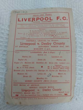 Liverpool Fc V Derby County March 22nd 1947 Div 1 And Very Rare