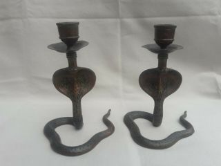 Early 1900s Antique Indian Solid Brass Hand Crafted Cobra Candlesticks Pair