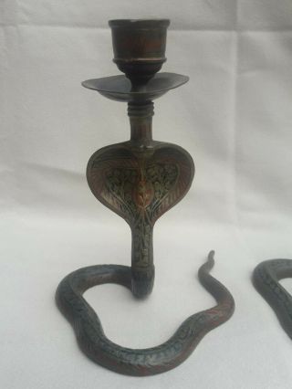 Early 1900s Antique Indian Solid Brass Hand Crafted Cobra Candlesticks Pair 2