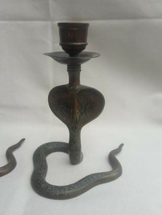 Early 1900s Antique Indian Solid Brass Hand Crafted Cobra Candlesticks Pair 3