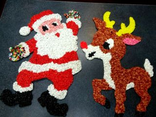 Rare 1970s Plastic Popcorn Santa & Rudolph Red Nosed Reindeer Decorations 20 "