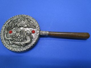 Vintage Chinese Silver Tone Base Metal Dragon Hand Mirror With Jade Handle