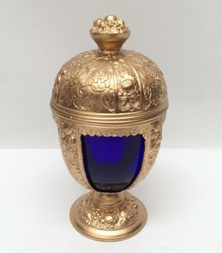 Vintage Cobalt Blue Gold Metal/glass Ornate Covered Tobacco Jar Candy Dish Japan