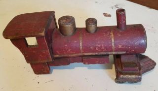 Antique Primitive Early Handmade Wooden Train Engine Old Red Paint Folk Art Aafa