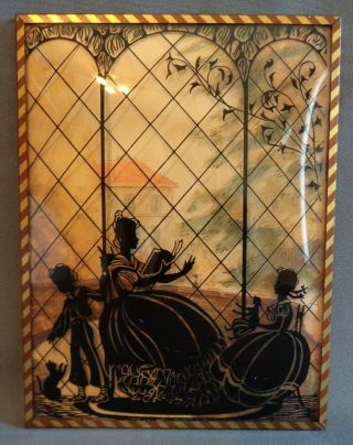 Antique Vintage Reverse Paint Convex Silhouette Picture Mother & Children 6x8 "
