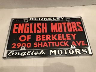 Vintage Rare Berkeley English Motors License Plate Frame W/ Cardboard Insert
