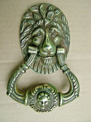 Unusual Antique Cast Brass Lion Headed Front Door Knocker With Figural Striker