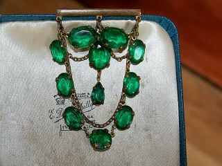 Antique Edwardian Jewellery Emerald Paste Bezel Set Dropper Bar Brooch Pin