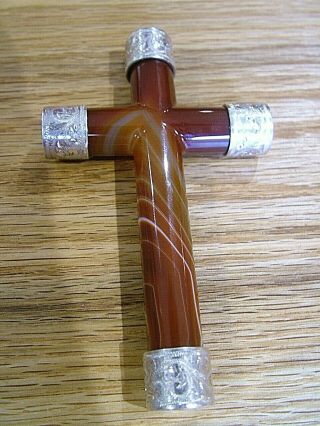Unusually Large 4.  25” Banded Agate Silver Antique Cross Crucifix Pendant 365