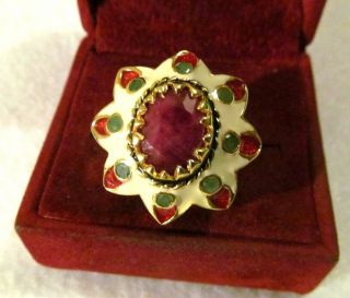 Rare Chunky Enamel Gold Emerald Ruby Sterling Silver Wide Ring