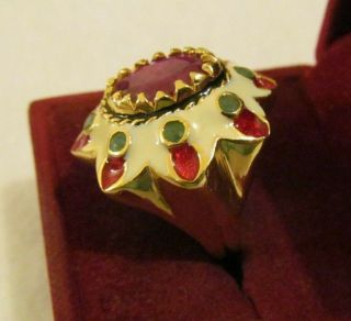 RARE CHUNKY ENAMEL GOLD Emerald RUBY STERLING SILVER WIDE RING 2
