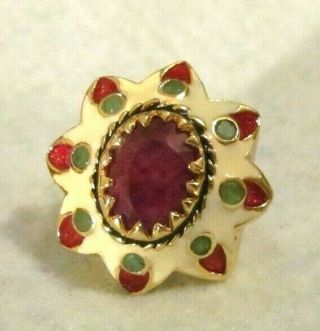 RARE CHUNKY ENAMEL GOLD Emerald RUBY STERLING SILVER WIDE RING 3