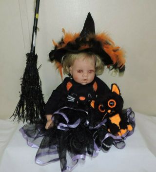 Lee Middleton Creepy,  Horror Ooak Handmade Halloween Doll W/ Cat & Lightup Broom