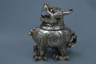 Collectable Handwork Miao SIlver Carve god Beast Exorcism Evil Noble Big Statue 3