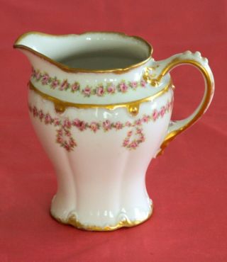 Rare Haviland Limoges Creamer Pink Roses Wreaths Double Gold