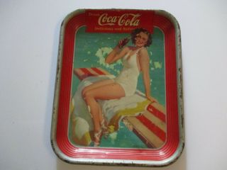 Vintage Antique Coca Cola Sign Tray Metal Sculpture Pinup Girl Bathing Suit Girl