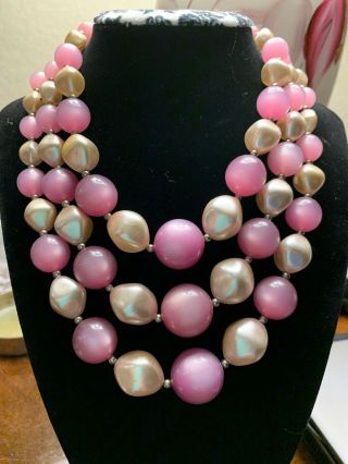 Vintage Pink Purple 3 Strand Moonglow Bead Necklace 1950s Luminous Lucite Rare