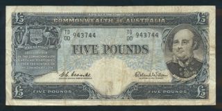Australia: 1960 Last Issue Qeii £5 5 Pounds Rare Early Prefix " Td/00 ".  F Cat $50