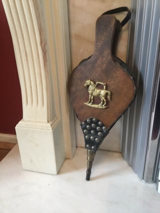 Vintage Ornate Wooden Leather & Brass Fireside Fire Bellows With Brass Horse