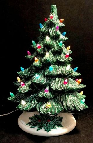 Vintage 1985 Ceramic Christmas Tree 16 " Inch Lighted Rare White Holly Base