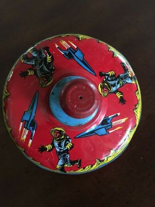 Vintage Space Age Spinning Tin Toy Top - Rocket Ship - Astronaut - Antique Top 3