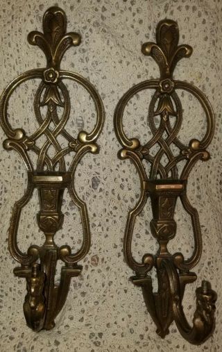 2 Vintage Ornate Wall Sconces Candle Holders Gold Brass Metal Gothic 14 " X4.  5 "