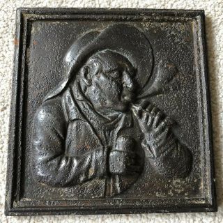 Antique Victorian Cast Iron Pipe Smoking Man Figure Wall Plaque Tobacco Shop