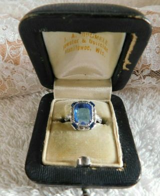 Art Deco Ring Blue Crystal,  Rhinestones Silver Filigree,  Size 4 In Antique Box