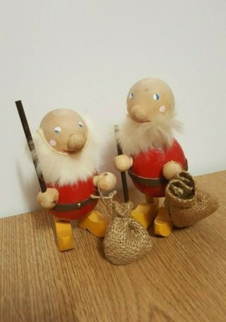2 Vintage Small Swedish Handmade Tomte Wood Figurine