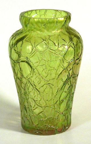 1907 Antique Loetz Art Glass Mimosa Cabinet Vase Iridescent Green Art Nouveau