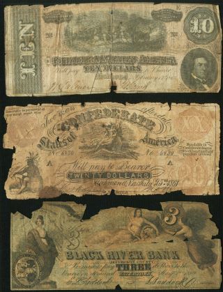 Usa: 3 Different Rare Notes (2 Confederate,  1 Obsolete Note) 1861 - 64,  Poor Quality