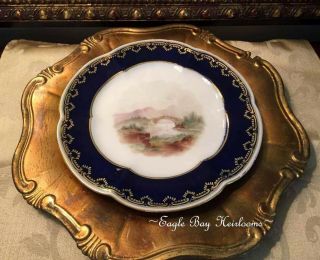 19th C English Porcelain Plate,  Hand Painted Rural Landscape,  Cobalt Blue Band