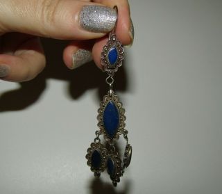 Long,  Antique Chinese Sterling Silver Earrings With Lapis Lazuli Gems