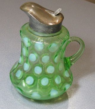 Antique Coin Spot Coin Dot Glass Syrup Pitcher W/ Handle Green W/ White " Coins "