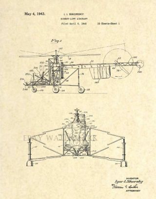 Official Sikorsky Helicopter Us Patent Art Print - Vintage Antique Aviation 26