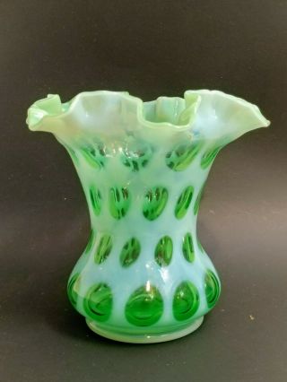 Rare Vintage Fenton Opalescent Green Coin Dot Spot Ruffle Vase 6 1/4 "