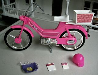 1983 Vintage Barbie Doll Motor Bike/scooter With Helmet,  Basket,  Book & Book Bag